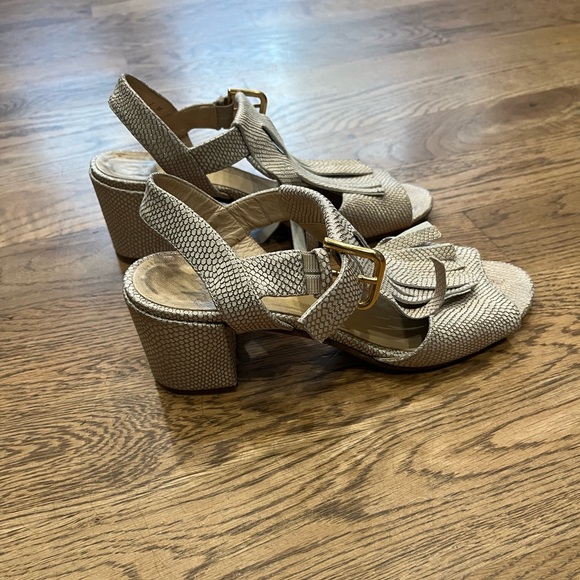 Amalfi Leather fringe block heel sandals in creme and gold - Picture 1 of 4
